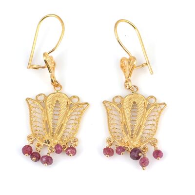 22 Ayar Altın Lale Şeklinde Yakut Taşlı Sallantılı Telkari Küpe - 1