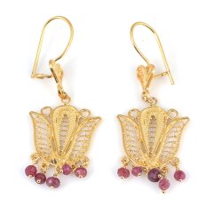 22 Ayar Altın Lale Şeklinde Yakut Taşlı Sallantılı Telkari Küpe - Nusrettaki