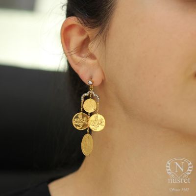 22K Gold Coin Design Chandelier Earrings - 4