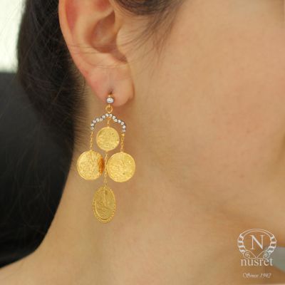22K Gold Coin Design Chandelier Earrings - 7