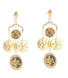 22K Gold Coin Design Chandelier Earrings - 5