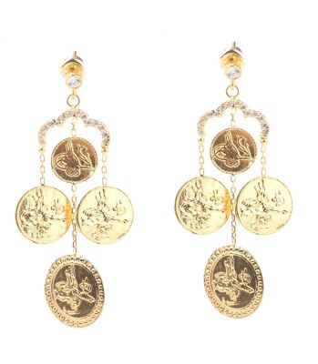 22K Gold Coin Design Chandelier Earrings - 5