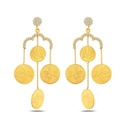 22K Gold Coin Design Chandelier Earrings - Nusrettaki (1)