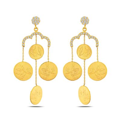22K Gold Coin Design Chandelier Earrings - 2