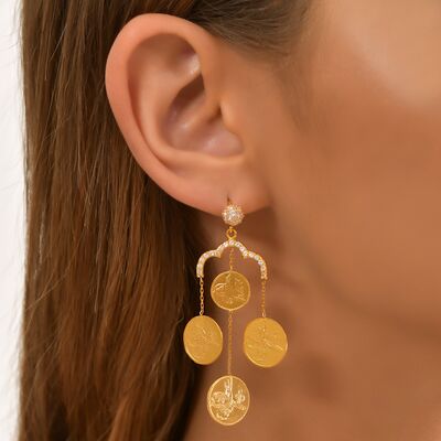22K Gold Coin Design Chandelier Earrings - 1