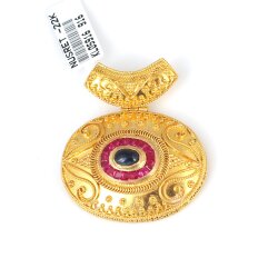22 Ayar Altın Oval Yakut Ve Safir Taşlı Antik Kolye Ucu - 3