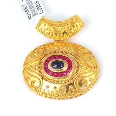 22 Ayar Altın Oval Yakut Ve Safir Taşlı Antik Kolye Ucu - 1