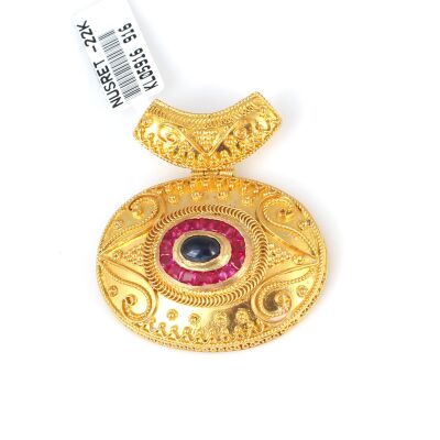 22 Ayar Altın Oval Yakut Ve Safir Taşlı Antik Kolye Ucu - 3