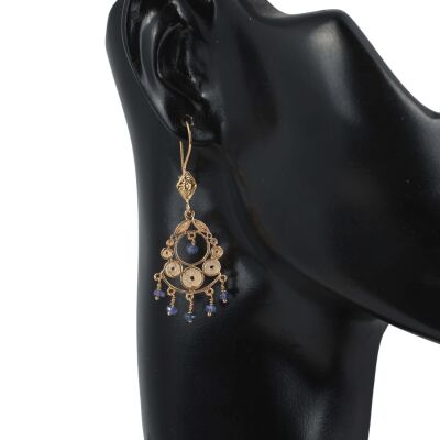 22 Ayar Altın Safir Taşlı Sallantılı Telkari Küpe - 3