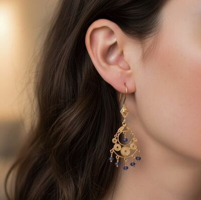 22 Ayar Altın Safir Taşlı Sallantılı Telkari Küpe - 2