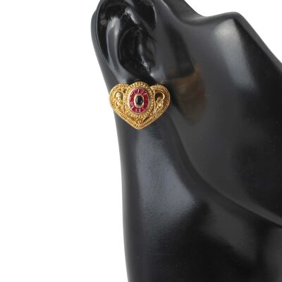 22 Ayar Altın Safir Ve Yakut Taşlı Antik Kalp Küpe - 2