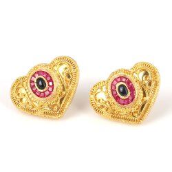 22 Ayar Altın Safir Ve Yakut Taşlı Antik Kalp Küpe - Nusrettaki