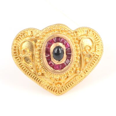 22 Ayar Altın Safir Ve Yakut Taşlı Antik Kalp Yüzük - 2