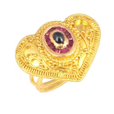 22 Ayar Altın Safir Ve Yakut Taşlı Antik Kalp Yüzük - 1