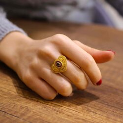 22 Ayar Altın Safir Ve Yakut Taşlı Antik Kalp Yüzük - 3