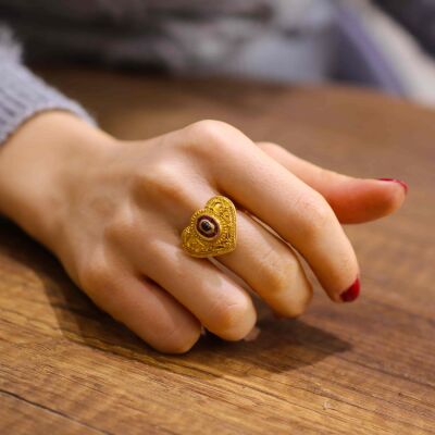 22 Ayar Altın Safir Ve Yakut Taşlı Antik Kalp Yüzük - 3