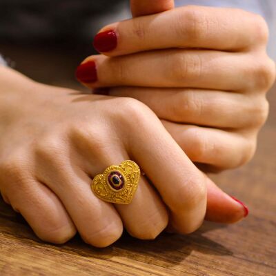 22 Ayar Altın Safir Ve Yakut Taşlı Antik Kalp Yüzük - 4