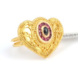 22 Ayar Altın Safir Ve Yakut Taşlı Antik Kalp Yüzük - 3