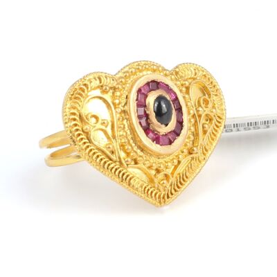 22 Ayar Altın Safir Ve Yakut Taşlı Antik Kalp Yüzük - 3