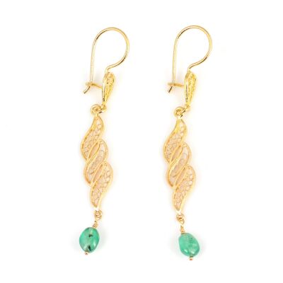 22 Ayar Altın Sarmaşık Yaprak Motifli Zümrüt Sallantılı Telkari Küpe - 1