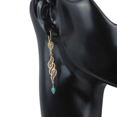 22 Ayar Altın Sarmaşık Yaprak Motifli Zümrüt Sallantılı Telkari Küpe - 3