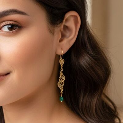 22 Ayar Altın Sarmaşık Yaprak Motifli Zümrüt Sallantılı Telkari Küpe - 4