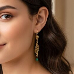 22 Ayar Altın Sarmaşık Yaprak Motifli Zümrüt Sallantılı Telkari Küpe - 4