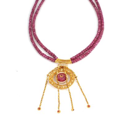 22 Ayar Altın Yakut Taşlı Saçak Kolye - 2