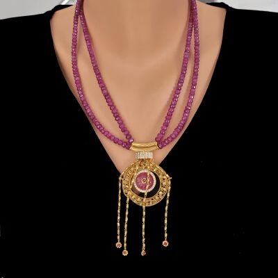 22 Ayar Altın Yakut Taşlı Saçak Kolye - 1