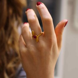 22 Ayar Altın Yılan Başlı Garnet Taşlı Yüzük - 4