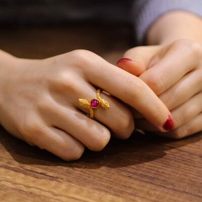 22 Ayar Altın Yılan Başlı Garnet Taşlı Yüzük - 3