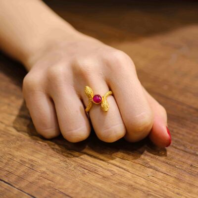 22 Ayar Altın Yılan Başlı Garnet Taşlı Yüzük - 1