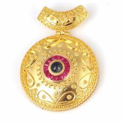 22 Ayar Altın Yuvarlak Yakut Ve Safir Taşlı Antik Kolye Ucu - 3