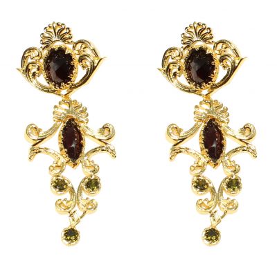 22K Gold Ancient Byzantium Design Chandelier Earrings with Garnet - 3