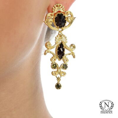 22K Gold Ancient Byzantium Design Chandelier Earrings with Garnet - 1