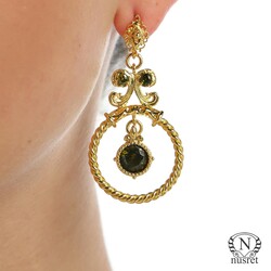 22K Gold Ancient Byzantium Design Hoop Earrings with Peridot - Nusrettaki