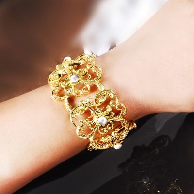 22K Gold Antique Byzantium Bangle Bracelet with Pearls - 4