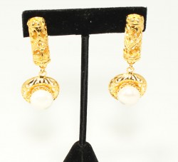 22K Gold Antique Dangle Earrings with Pearls - 2