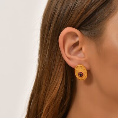 22K Gold Antique Drop Earrings with Ruby - 1