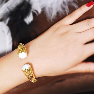 22K Gold Bangle Bracelet, Constantinople Style with Pearls - 4