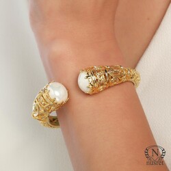 22K Gold Bangle Bracelet, Constantinople Style with Pearls - Nusrettaki