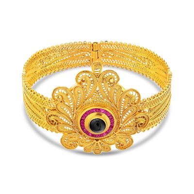 22K Gold Bangle, Old Age Vintage Design with Ruby & Sapphire - 3