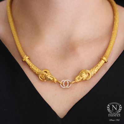 22K Gold Beaded Necklace, Ram's Head Design - 1