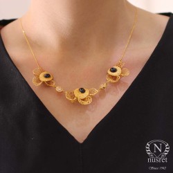 22K Gold Black Onyx Stone Filigree Necklace - 1