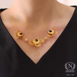 22K Gold Black Onyx Stone Filigree Necklace - Nusrettaki