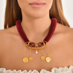 Nusrettaki - 22K Gold Coin & Filigree Design Velvet Chain Necklace