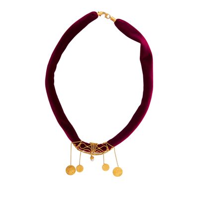 22K Gold Coin & Filigree Design Velvet Chain Necklace - 2