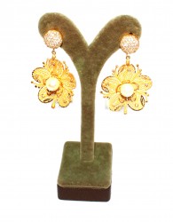 22K Gold Daisy with Pearls Dangle Earrings - 1