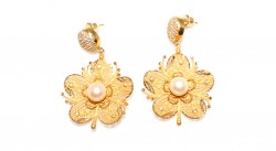 22K Gold Daisy with Pearls Dangle Earrings - 2