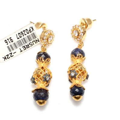 22K Gold Filigree Balls Dangle Earrings with Sapphire - 3